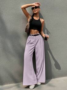 Muchica 纯色简约阔腿西裤，休闲日常穿着 - 淡紫色 - 查看 6