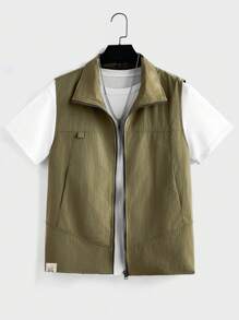 Manfinity Hypemode Chaleco sin mangas de unicolor para hombres con cuello y cremallera frontal, ropa casual diaria