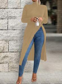 SHEIN LUNE Plus Size Solid Color Stand Collar Long Sleeve Split Hem Casual T-Shirt