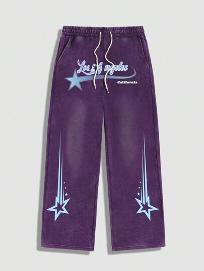 Prep Pantalones de chándal casuales para hombre con estampado de estrellas y letras y cintura con cordón