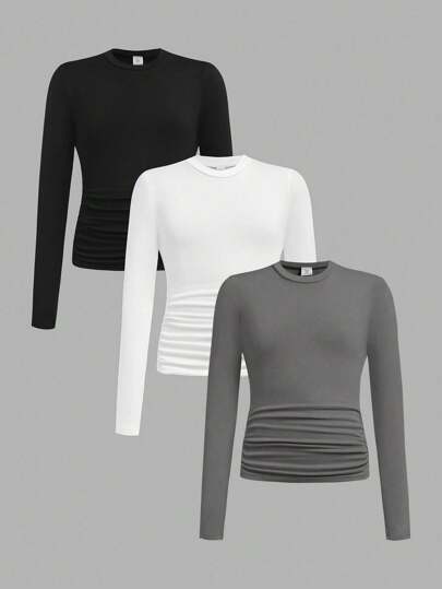 SHEIN ChillGRL Ensemble 3 pièces T-shirt moulant manches longues pour filles préadolescentes, col rond, taille froncée, style casual