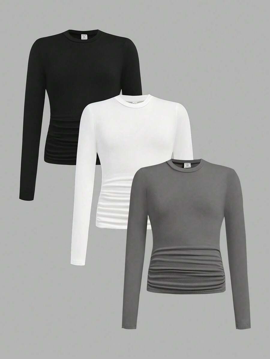 SHEIN ChillGRL 三件套少女休闲套装，收腰圆领修身短款长袖T恤，适合学校、校园、学院风秋冬穿着 - 彩色 - 查看 1