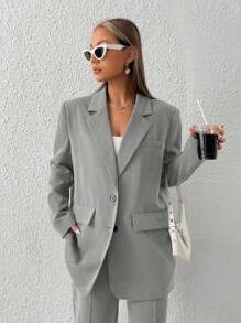 SHEIN EZwear 夏季服装 翻领翻领细节西装外套 - 灰色 - 查看 6