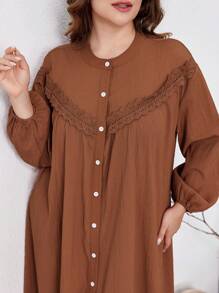 Al Najma 加大码长袖纯色纹理面料蕾丝边长袍连衣裙，朴素休闲衬衫长裙，适合旅行/休闲/居家/度假