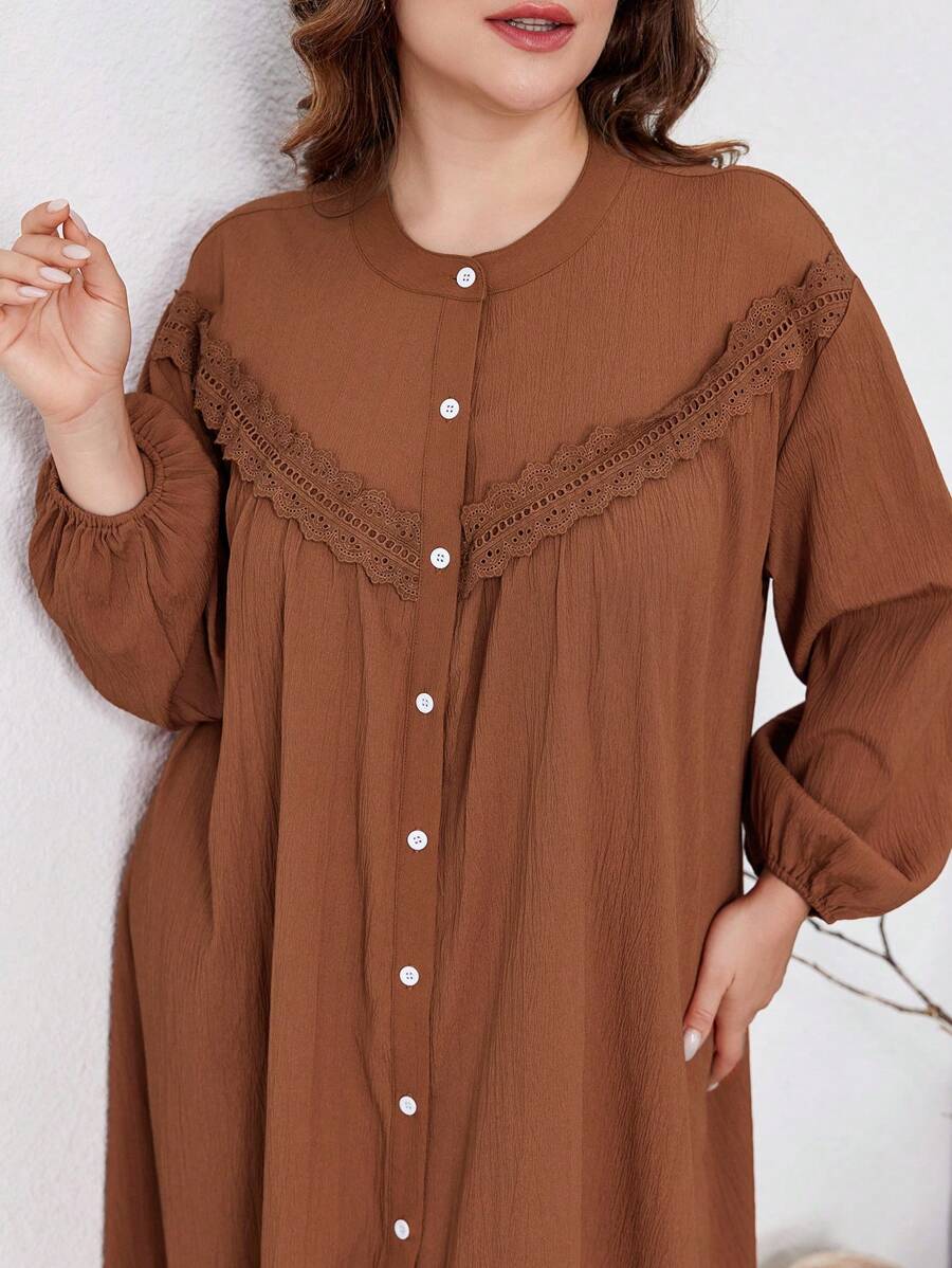 Al Najma 加大码长袖纯色纹理面料蕾丝边长袍连衣裙，朴素休闲衬衫长裙，适合旅行/休闲/居家/度假