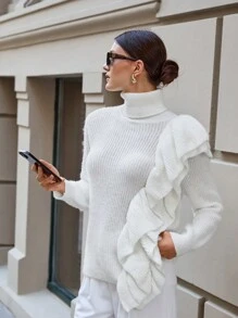 SHEIN Cottnline Women Big Ruffle Detailed Slim Fit Sweater - White - View 3