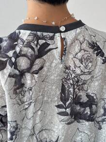 FRIFUL Camiseta holgada de cuello redondo con rayas de color contrastante para mujer - Negro - Ver 7