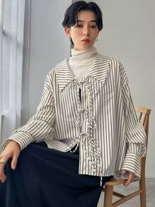 FRIFUL Áo cánh rộng rãi tay dài kẻ sọc thả vai thường ngày cho nữ, mùa xuân thu - trắng - Xem 2