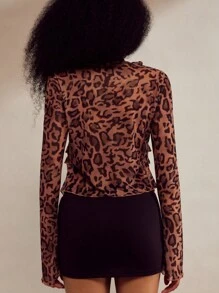 Forever 21 Modische Bluse mit Leoparden Muster und Netzstoff, Vorderbindung, für Frühling & Sommer