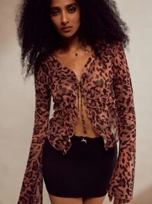 Forever 21 Modische Bluse mit Leoparden Muster und Netzstoff, Vorderbindung, für Frühling & Sommer