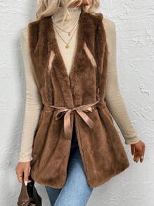 Chiquease Sleeveless Ribbons Elegant Fluffy Coat - Brown - View 3