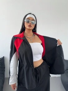 Flirla Chaqueta informal con contraste de color, cintura con cordón, talla grande, otoño