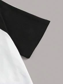 ROMWE Grunge Punk Y2K 深色复古哥特式骷髅标语印花圆领修身撞色插肩袖 T 恤 - 黑與白 - 查看 3