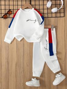 2pcs Young Boy Simple English Letter Print Splicing Raglan Sleeve Sweatshirt & Splicing Pants Sportswear Set, Autumn/Winter - White - View 1