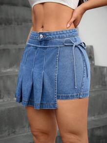 SHEIN Essnce Women's Side-Tie Pleated Denim Mini Skirt - Medium Wash - View 4