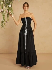 L'Amorae Đầm hở vai dây chéo thanh lịch - màu đen - Xem 1