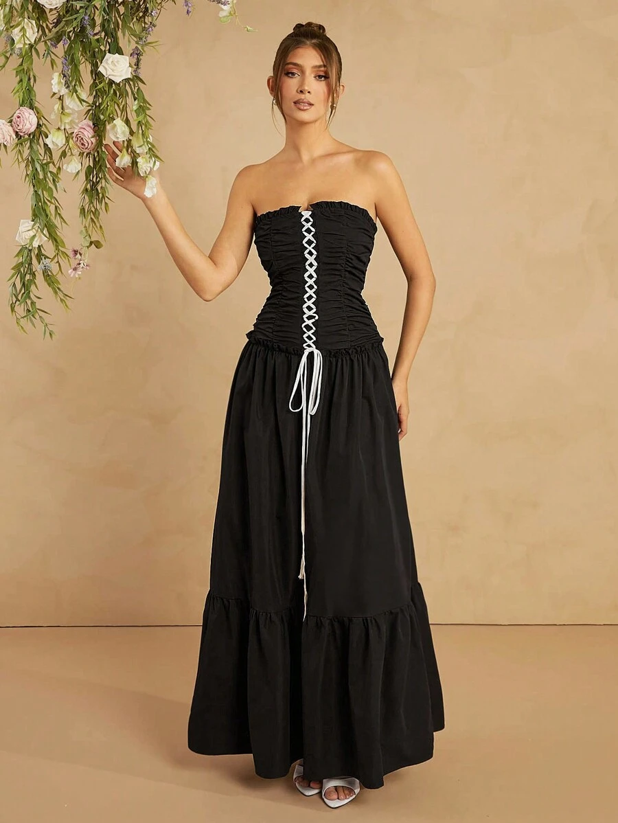 L'Amorae Đầm hở vai dây chéo thanh lịch - màu đen - Xem 1