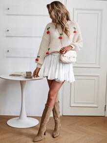 Chiquease Áo len chui đầu thêu tay 3D hình quả anh đào dành cho nữ - Màu be - Xem 3