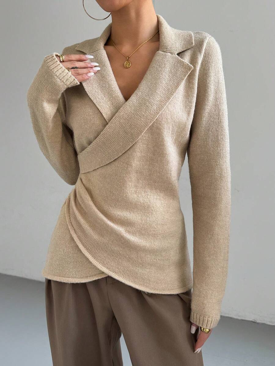 Chiquease 纯色长袖简约时尚交叉毛衣，长袖上衣 - 杏色 - 查看 1