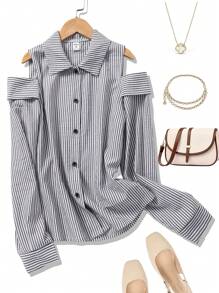 青少年女孩时尚长袖露肩条纹衬衫 - 黑與白 - 查看 1