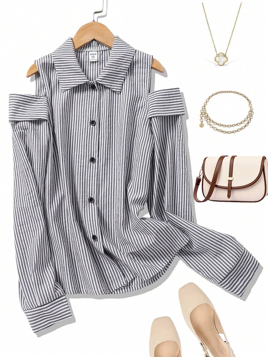 青少年女孩时尚长袖露肩条纹衬衫 - 黑與白 - 查看 1