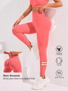SHEIN Solid Color Waist Gathering Tight Pleated Sports Leggings, Casual Daily Wear