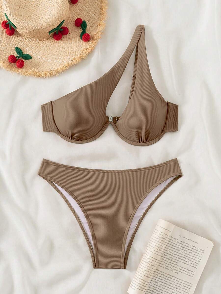 SHEIN Swim Summer Beach Rib-Knit Ruched One Shoulder Underwire Bra & Swim Bottom Bikini Bathing Suit - Mocha Brown - View 1