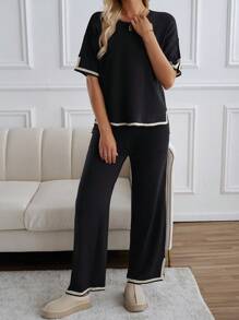 Women's Fashion Knit Short Sleeve Top And Pants 2-Piece Set - Black - View 7