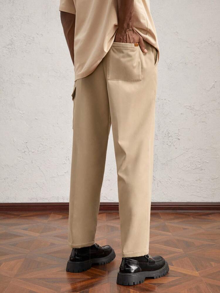Men's Woven Long Slim Fit Casual Mid-Waist Straight Leg Trousers, Suitable For Daily Wear