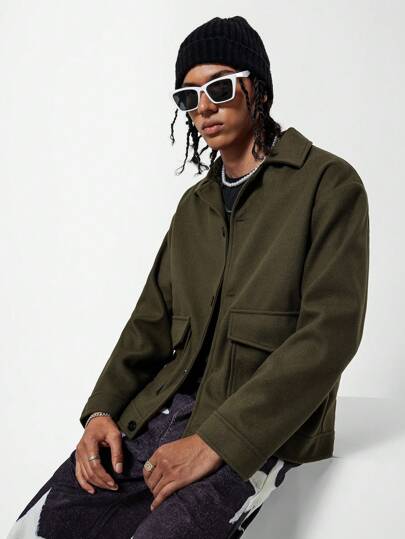 Solid Color Teenage Boys Casual Button Front Long Sleeve Pocket Lightweight Jacket