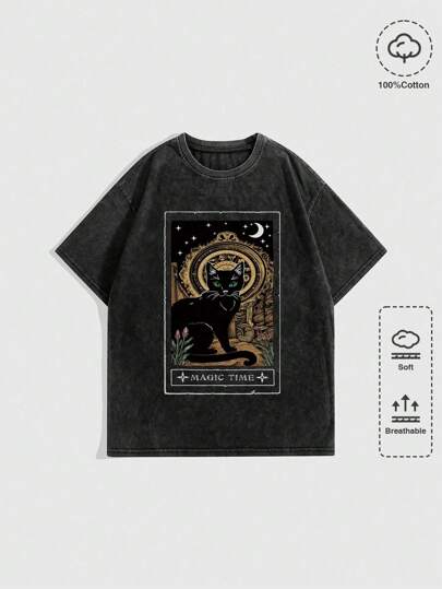Dark Gothic Cat Print Random Snow Washed T-Shirt