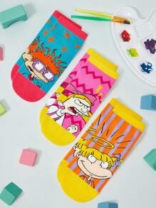 Nick 90s X SHEIN 3pairs Women's Cartoon Character Color Block Ankle Socks