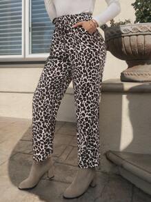 SHEIN LUNE Women's Casual Leopard Print Pocket Pants