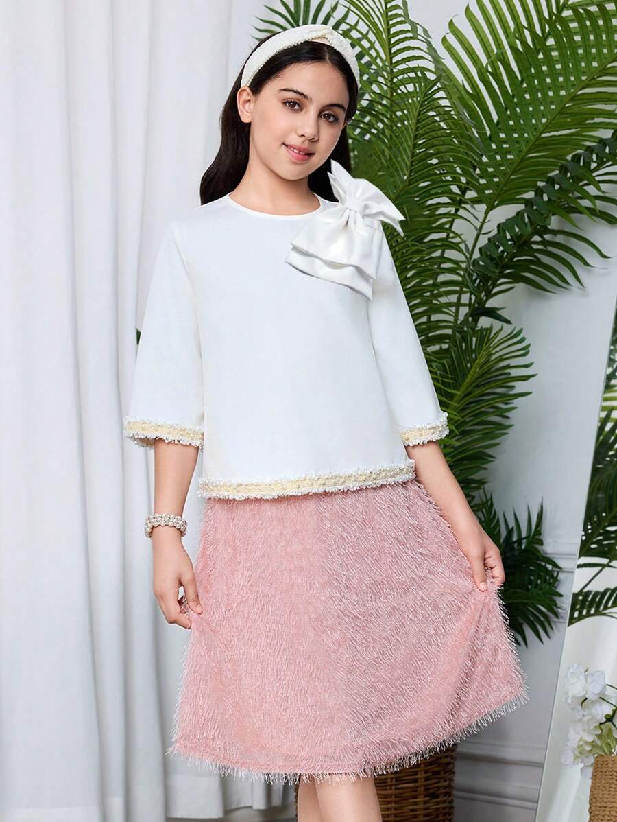 SHEIN Bộ 2 chiếc váy xòe và nơ lớn thường ngày cho bé gái tuổi teen, áo cánh tay 3/4 và váy xòe - Hồng - Xem 1