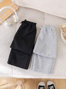 SHEIN 2 件套年轻女孩纯色针织宽松休闲阔腿运动裤