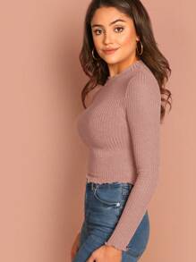 SHEIN Essnce Kaos Wanita Lengan Panjang Potongan Pendek dengan Kerah Bulat Polos, Musim Semi/Musim Panas - Dusty Pink - View 3