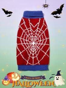 1 Áo len thiết kế hình nhện Halloween cho thú cưng Colorblock Áo len ấm áp và thoải mái, phù hợp với chó và mèo - Đỏ - Xem 1