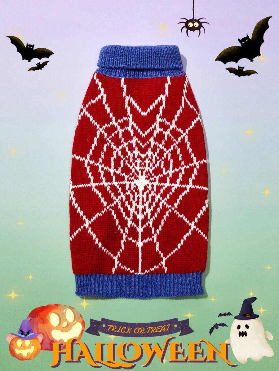 1 Áo len thiết kế hình nhện Halloween cho thú cưng Colorblock Áo len ấm áp và thoải mái, phù hợp với chó và mèo - Đỏ - Xem 1