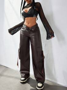 Apperloth A Street Style Flap Pocket Side Tape PU Leather Wide Leg Cargo Pants - Brown - View 5