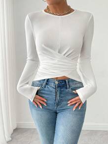 Chiquease Tricou de damă, de culoare solidă, cu gât rotund, cu mânecă lungă, cu talie răsucită, primăvară/vară