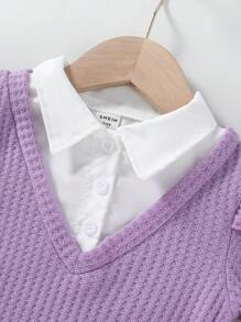 SHEIN 2 件复古风格年轻女孩 2 合 1 樱桃刺绣 T 恤和牛仔裤套装