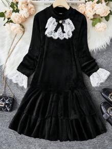 Tween Girls Contrast Lace Ruffled Hem Bell Sleeve Stand Collar Dress, Spring & Autumn - Black - View 1