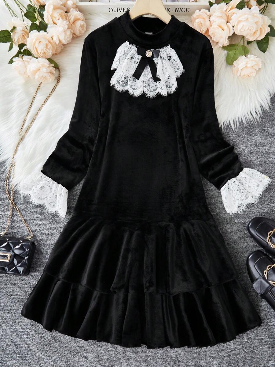 Tween Girls Contrast Lace Ruffled Hem Bell Sleeve Stand Collar Dress, Spring & Autumn - Black - View 1