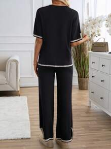 Women's Fashion Knit Short Sleeve Top And Pants 2-Piece Set - Black - View 2