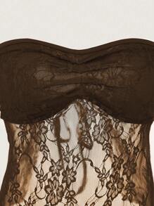 SHEIN Unity Débardeur transparent en dentelle à couleurs contrastées sexy pour femmes, pour l'été - Marron fonçé - Voir 6