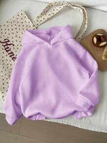 SHEIN Leap Crew 年轻女孩休闲舒适笑脸图案针织长袖运动衫，适合秋冬季 - 紫色 - 查看 2