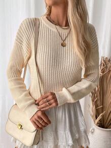 Chiquease Women's Solid Color Crew Neck Long Sleeve Simple Sweater, Casual Daily Wear Knit Pullover Fall Winter Outfit