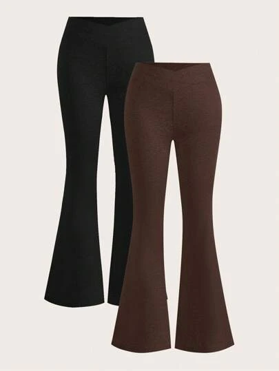 SHEIN EZwear 2 件大码黑色和棕色腰带交叉设计紧身休闲喇叭裤套装