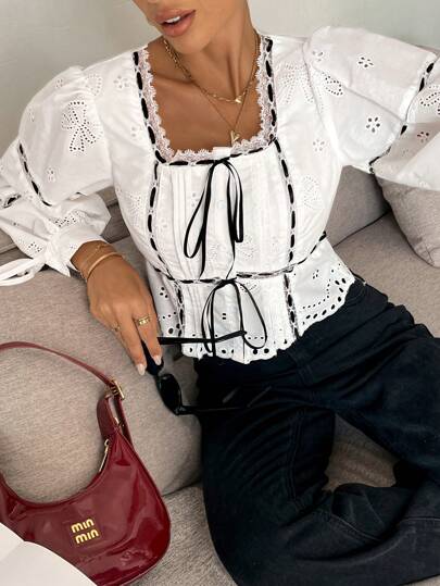SHEIN Frenchy Women's Contrast Lace Front-Tie Long Sleeve Cropped Elegant Blouse,Bow Embroidery Texture Bubble Long Sleeve Shirt,Lace Patchwork Button Up Women Shirt,White Collar Shirt,Square Neckline Colour-Blocked Edges Top,Women Costumes,Fall Women Tops,Long Sleeve Lace Top Winter Casual