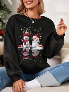 SHEIN LUNE Áo nỉ dài tay cổ tròn in hình người tuyết 3D đơn giản, thoải mái, vừa vặn, dày, dành cho nữ, phù hợp cho mùa thu và mùa đông - màu đen - Xem 5